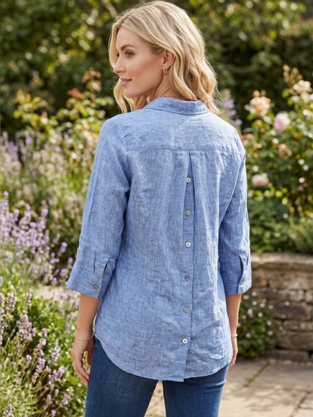 Boho Chic- Light Blue Button-Back Linen Shirt - Women